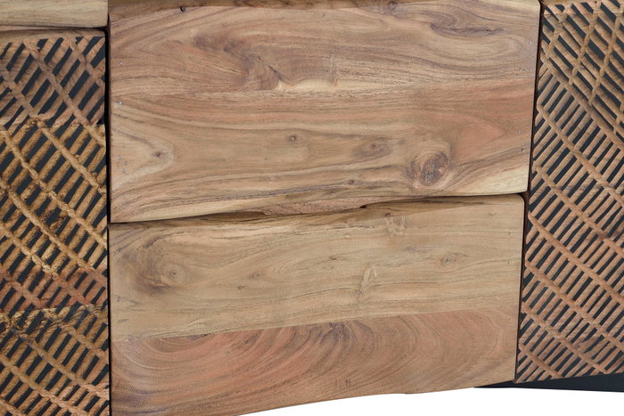 GINER Y COLOMER Buffet en bois d'acacia et métal, 2 portes et 3 tiroirs, couleur naturel et noir, buffet rustique avec pattes métal et sculptures manuelles
